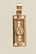 A 9CT GOLD PENDANT, a yellow gold rectangular form pendant, in the style of Rennie Mackintosh,