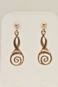 A PAIR OF 9CT GOLD DROP EARRINGS, yellow gold drop earrings, in the style of Rennie Mackintosh,