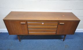 WHITE AND NEWTON, A MID-CENTURY TEAK SIDEBOARD, fitted with two cupboard doors, flanking four
