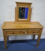 A MODERN LIGHT OAK SIDE TABLE, with three frieze drawers, raised on square tapered legs, width 117cm