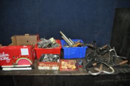 FOUR TRAYS CONTAINING VINTAGE BICYCLE PARTS, including pedals, bells, handle bars, brake levers