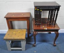 A REPRODUCTION MAHOGANY LAMP TABLE, raised on cabriole legs, with ball and claw feet, 64cm squared x