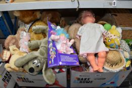 TWO BOXES AND LOOSE SOFT TOYS, to include a boxed Chef Popple, a Pound Puppy, Yogi Bear, Pudsey, a