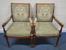 A PAIR OF REPRODUCTION ARMCHAIRS, with green and folate upholstery, open armrests, raised on