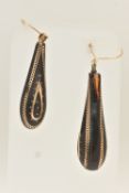 A PAIR OF PIQUE DROPPER EARRING, teardrop form tortoise shell earrings with yellow metal pique
