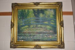 AFTER MONET, 'Bridge over Lily Pond' a modern reproduction oil on canvas, bears facsimile