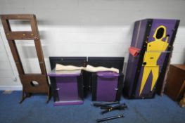 A SELECTION OF SCRATCH-BUILT MAGICIAN PROPS, including a guillotine, height 182cm, a 'cut a lady