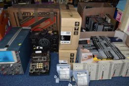 TWO BOXES AND LOOSE VINTAGE OFFICE SUPPLIES AND ELECTRICAL EQUIPMENT to include a large quantity