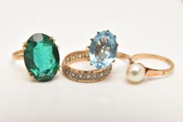 FOUR GEM SET RINGS, to include a yellow gold ring set with a large oval cut green pate stone,