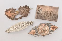 FOUR BROOCHES, to include a silver sweetheart name brooch for 'Gwennie', hallmarked Birmingham, a