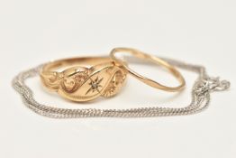 A SMALL ASSORTMENT OF JEWELLERY, to include a yellow gold lovers knot style ring with snake head