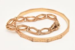 A 9CT GOLD 'UNO A ERRE' BRACELET AND A ROLLED GOLD BANGLE, yellow gold fancy link bracelet, fitted