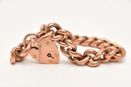 A ROSE METAL CURB LINK BRACELET, hollow links each stamped 9c, fitted with a heart padlock clasp,
