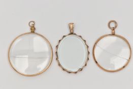 THREE PHOTO PENDANTS, two circular form pendants with yellow gold rims and bails, both hallmarked