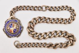 A SILVER ALBERT CHAIN WITH A SILVER AND ENAMEL FOB MEDAL, the heavy graduated curb link Albert