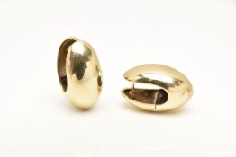 A PAIR OF 9CT GOLD POLISHED EARRINGS, fitted with posts for pierced ears and hinged clip backs,