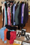 TWO BOXES AND LOOSE LADIES' CLOTHING AND ACCESSORIES, to include knitwear, tops, jackets, dresses,