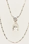 A CERTIFIED PEAR CUT DIAMOND DROP PENDANT WITH CHAIN, the pear cut diamond with an International