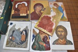 SEVEN RELIGIOUS ICONS, paintings on board, some appear unfinished, depicting Jesus Christ, the