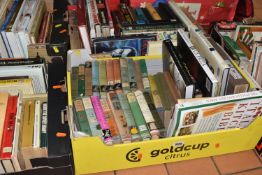 FIVE BOXES OF BOOKS, approximately one hundred titles in hardback and paperback formats, genres