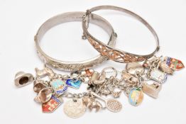 THREE BRACELETS, to include a silver hinged bangle with foliate pattern, fitted with a push piece