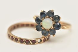 TWO GEM SET RINGS, the first a 9ct gold opal and blue sapphire cluster, of a circular form, raised
