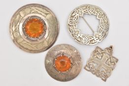 FOUR SCOTTISH ITEMS, to include a Celtic pattern pendant hallmarked silver for Birmingham, a