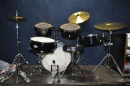 A PEARL RHYTHM TRAVELER 5 PIECE DRUM KIT comprising of a 20x8in kick drum and pedal, a 13x4.5in