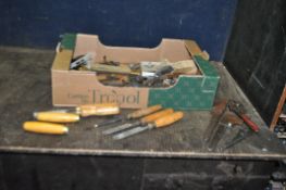 A TRAY CONTAINING TOOLS AND VINTAGE LOCKS some with keys and including Marples gouge chisels, pipe