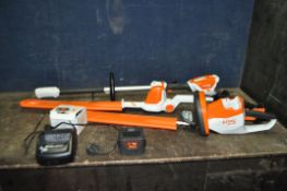 A STIHL HSA56 CORDLESS HEDGE TRIMMER, a HLA56 cordless pole hedge trimmer, one battery, a charger