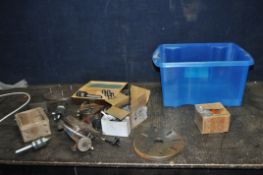 A TRAY CONTAINING LATHE TOOLS AND ACCESSORIES including a boxed Vertex Collett Chuck set, two chucks