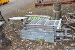 AN ALUMINIUM FOLDING PLATFORM LADDER, a folding work step, two step ladders and shelves for platform