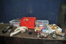 THREE TRAYS CONTAINING VINTAGE CAR PARTS AND AUTOMOTIVE TOOLS including a panel beaters dolly and