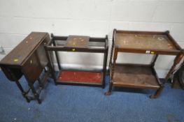THREE PIECES OF EARLY 20TH CENTURY OAK OCCASIONAL FURNITURE, to include a two tier trolley, raised