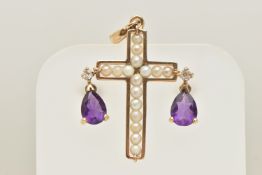A PAIR OF AMETHYST STUD EARRINGS AND A PENDANT, the yellow metal pear cut amethyst and cubic