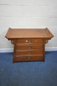 AN ORIENTAL STYLE CHEST OF FOUR DRAWERS, of a tapered form, the top with raised ends, width 97cm x