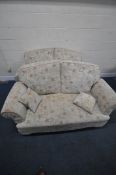 A PAIR OF HSL BEIGE AND FOLIATE UPHOLSTERED DROP END SOFAS, width 156cm x depth 80cm x height