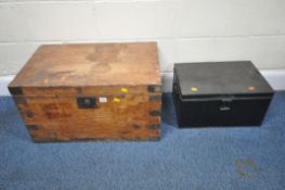 A HARDWOOD STORAGE CHEST, with metal banding, width 69cm x depth 43cm x height 38cm, along with a