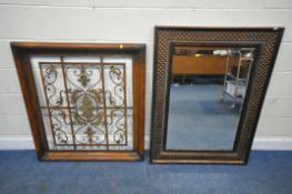 A MODERN BRONZED RECTANGULAR BEVELLED EDGE WALL MIRROR, 120cm x 89cm, along with a tin decorative