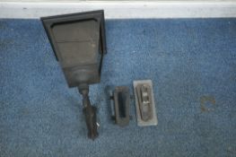 A MODERN METAL OUTDOOR WALL BRACKET LIGHT, with a smoked plastic insert, height approximately