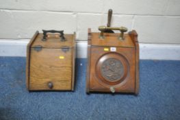 TWO EARLY 20TH CENTURY PURDONIUMS, each with a metal handle, one hinged door with foliate details,