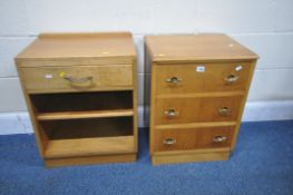 AN EARLY 20TH CENTURY OAK THREE DRAWER BEDSIDE CHEST, width 47cm x depth 38cm x height 62cm, along
