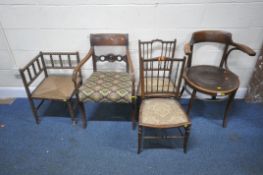 AN EARLY 20TH CENTURY THONET STYLE BENTWOOD ARMCHAIR, a pair of small chairs, another armchair,
