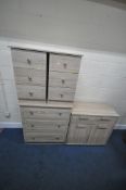 A MODERN CHEST OF THREE DRAWERS, width 77cm x depth 41cm x height 88cm, a matching pair of three