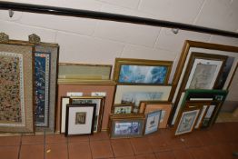 A QUANTITY OF PICTURES AND PRINT ETC, to include three Chinese silk embroidery pictures,