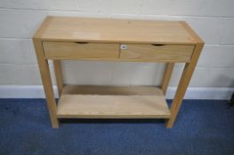 A MODERN LIGHT OAK SIDE TABLE, fitted with two frieze drawers, raised on square legs, united by an
