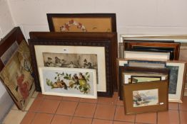A SMALL QUANTITY OF PICTURES AND PRINTS ETC, to include an Edwardian painting on glass depicting