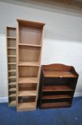 A MODERN OPEN BOOKCASE, width 85cm x depth 33cm x height 111cm, a tall shelving unit, and a cd rack,