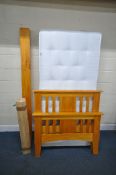 AN UNBRANDED SINGLE MATTRESS, along with a modern pine bedstead, with siderails, slats and bolts,