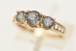A 9CT GOLD MYSTIC TOPAZ AND CUBIC ZIRCONIA SET RING, set with three circular cut mystic coated